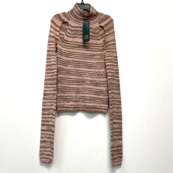 Wild Fable L Pink & Brown Striped Cut Out Long Sleeve Turtleneck Sweater - Picture 2 of 5